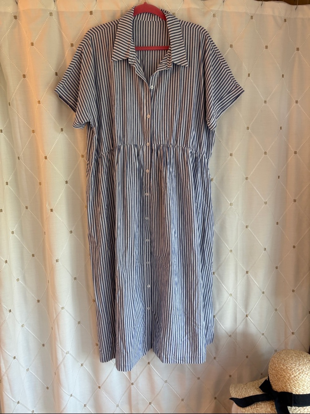 Blue and White Striped Button-Front Midi Dress